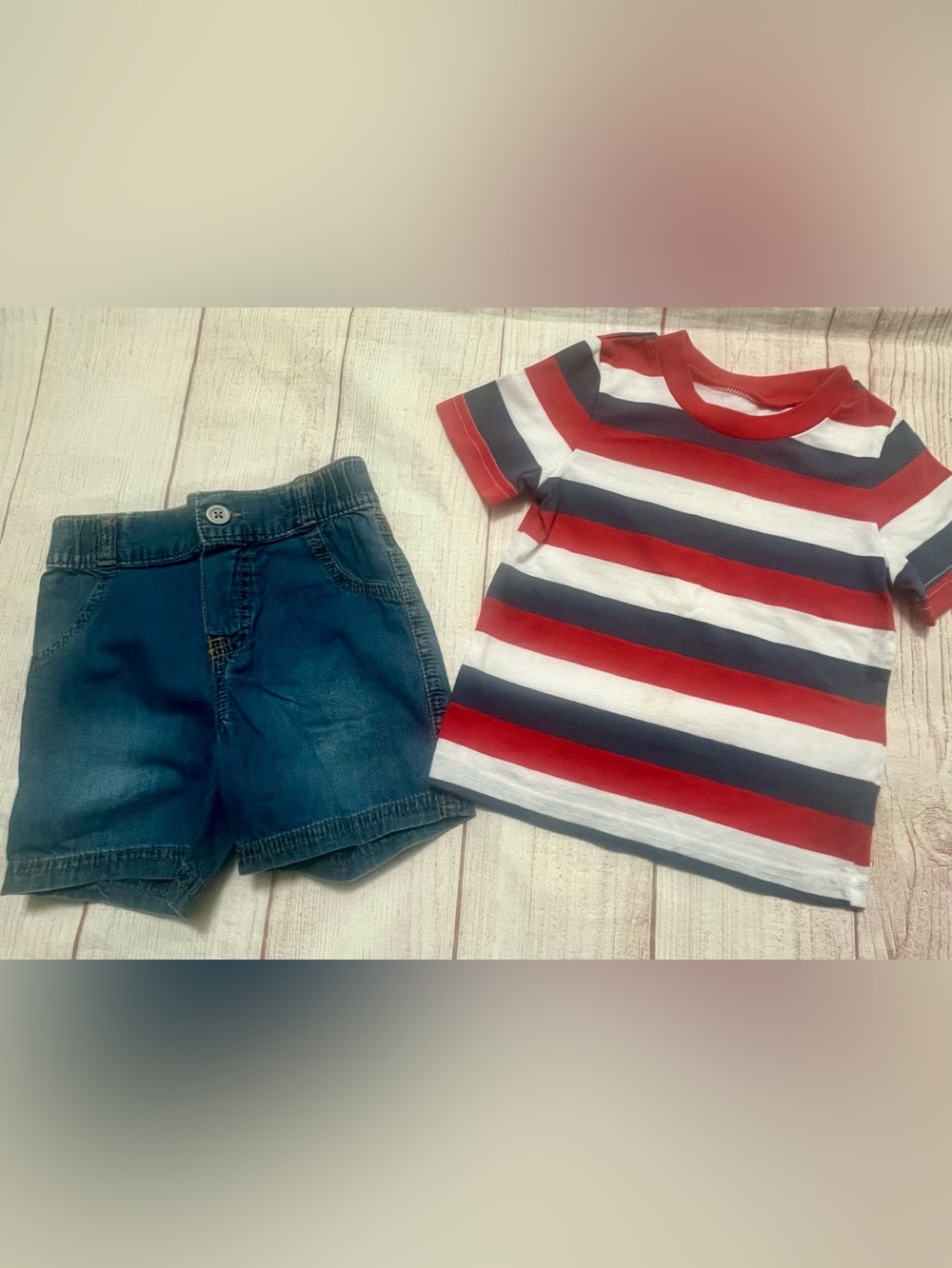 Toddler Red White Navy Stripe Tee with Denim Shorts 18 mo